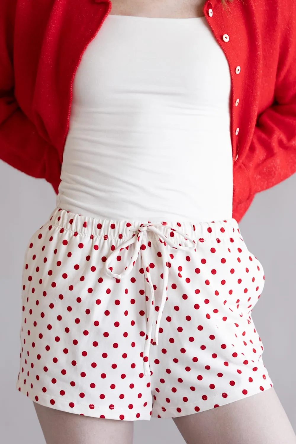 Polka Dot Drawstring Shorts for Women in White/Red | DZ26C385-RED sold by Glik’s