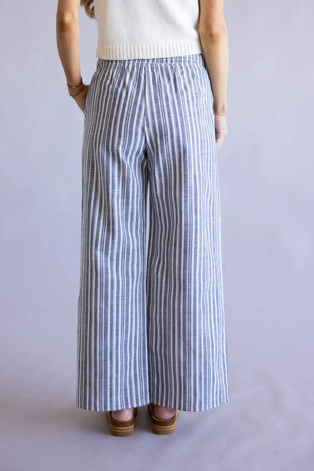Smocked Waist Striped Linen Wide Leg Pants for Women in Navy | FP3381-NAVY sold by Glik’s product image thumbnail 3