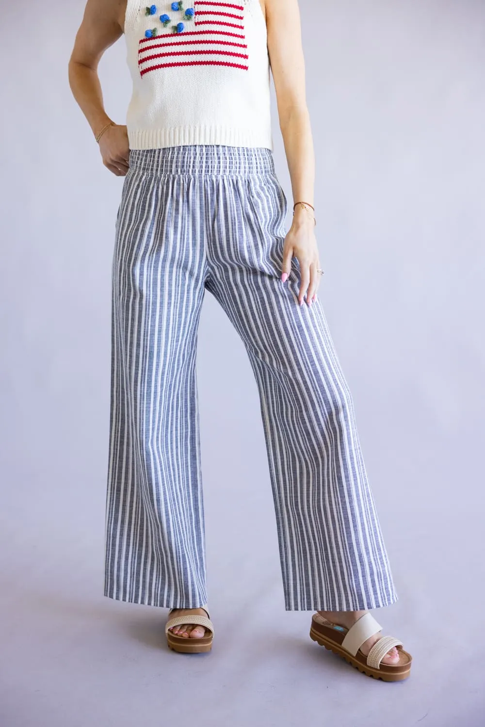 Smocked Waist Striped Linen Wide Leg Pants for Women in Navy | FP3381-NAVY sold by Glik’s product image thumbnail 5