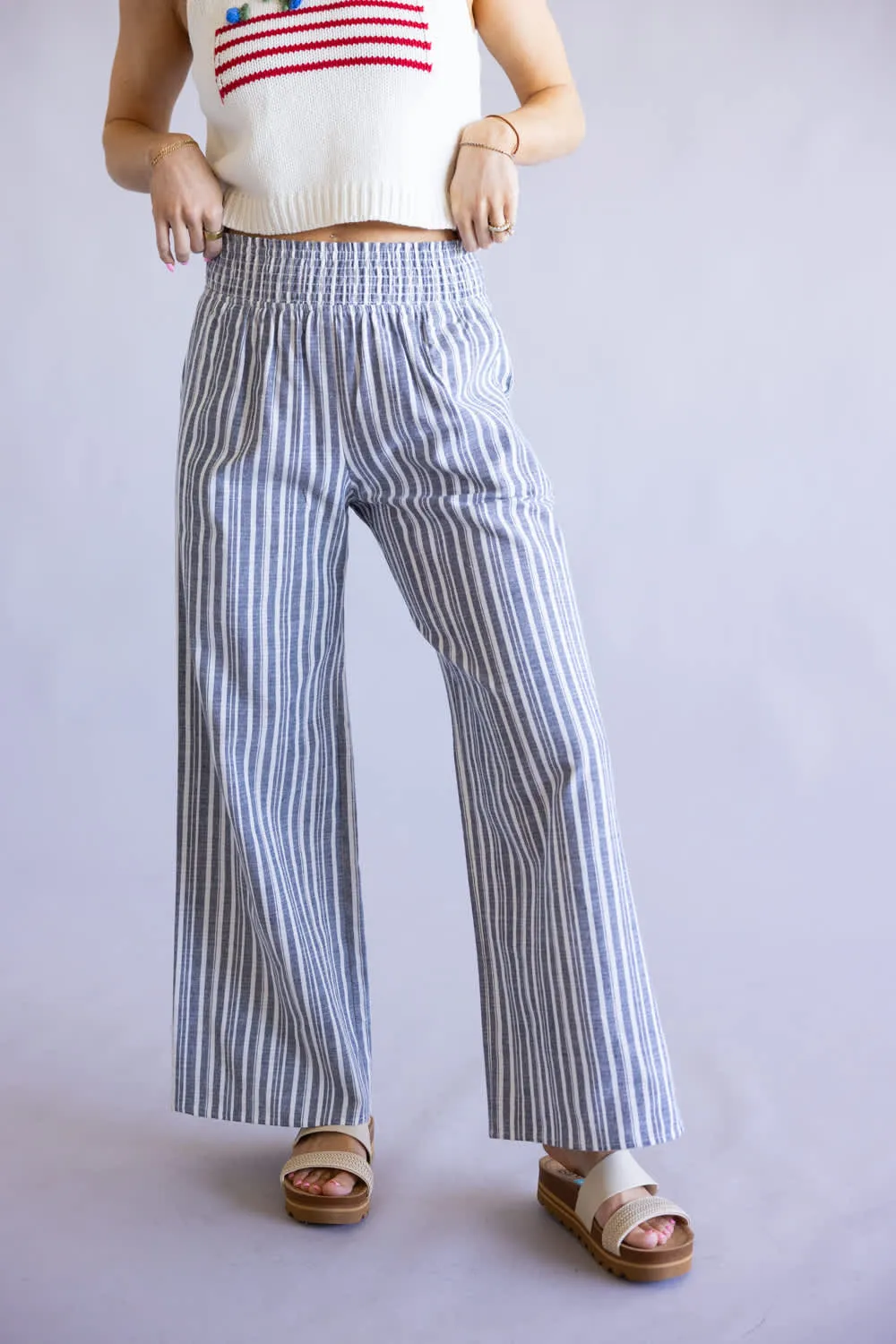 Smocked Waist Striped Linen Wide Leg Pants for Women in Navy | FP3381-NAVY sold by Glik’s product image thumbnail 4