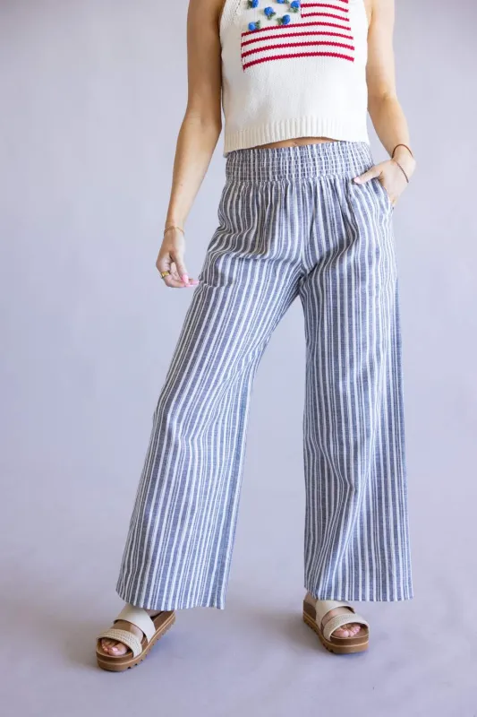 Smocked Waist Striped Linen Wide Leg Pants for Women in Navy | FP3381-NAVY made by Final Touch