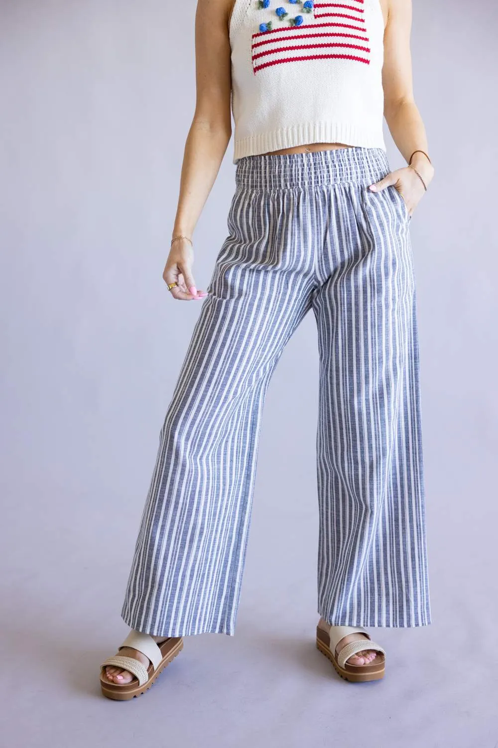 Smocked Waist Striped Linen Wide Leg Pants for Women in Navy | FP3381-NAVY sold by Glik’s