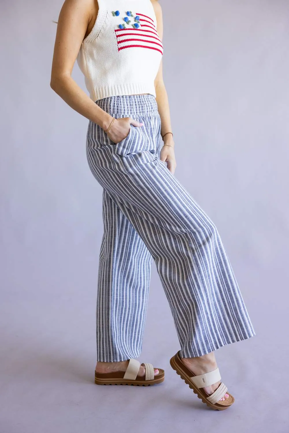 Smocked Waist Striped Linen Wide Leg Pants for Women in Navy | FP3381-NAVY sold by Glik’s product image thumbnail 2
