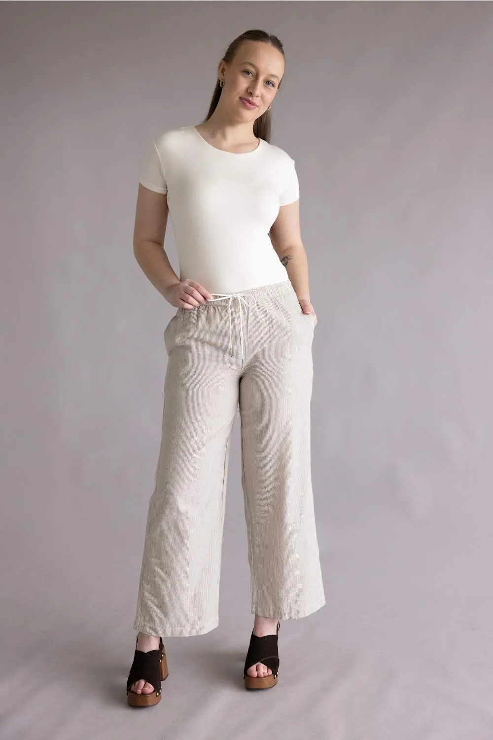 Pinstripe Drawstring Linen Pants for Women in Khaki | 42711-KHAKI sold by Glik’s