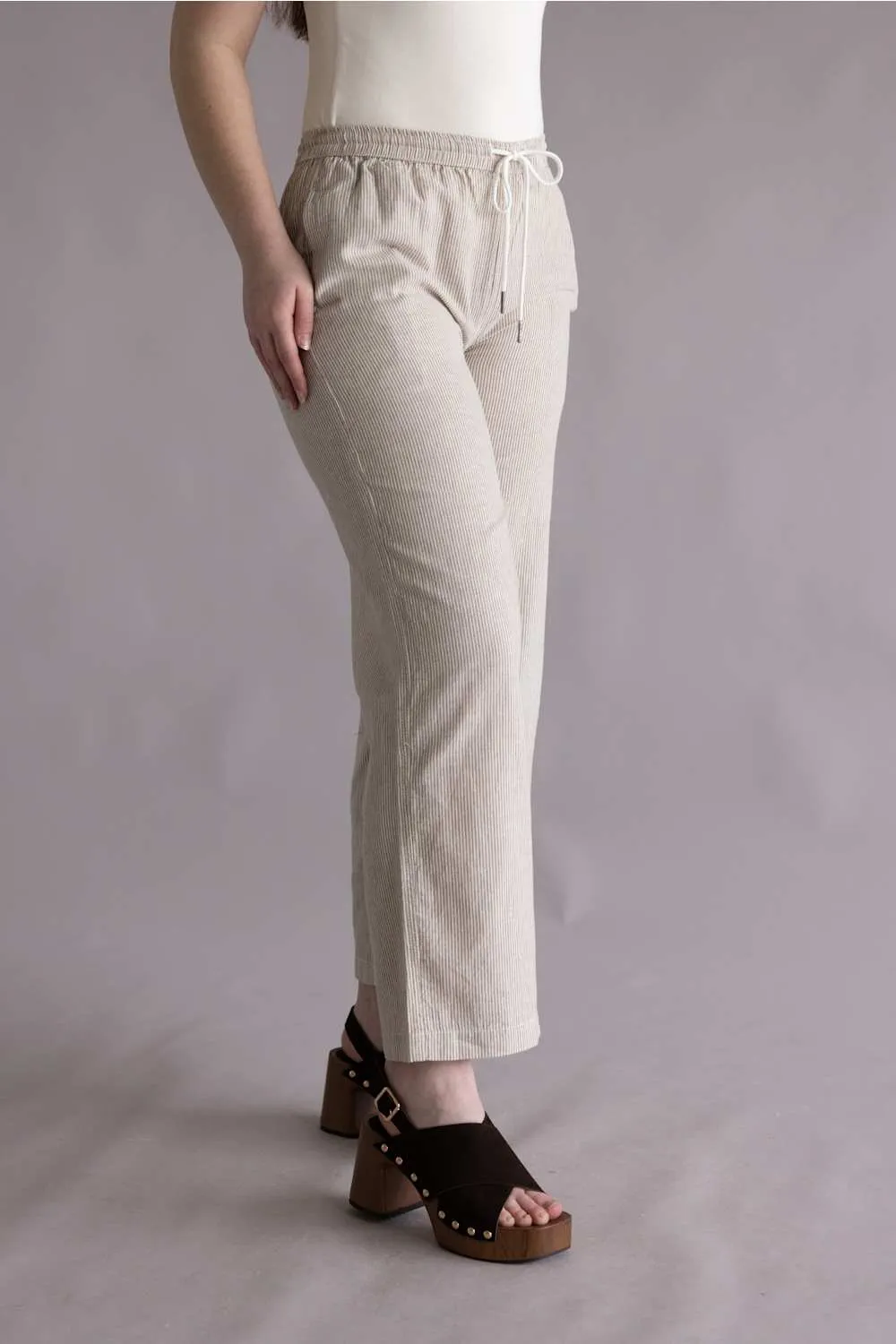 Pinstripe Drawstring Linen Pants for Women in Khaki | 42711-KHAKI sold by Glik’s product image thumbnail 4