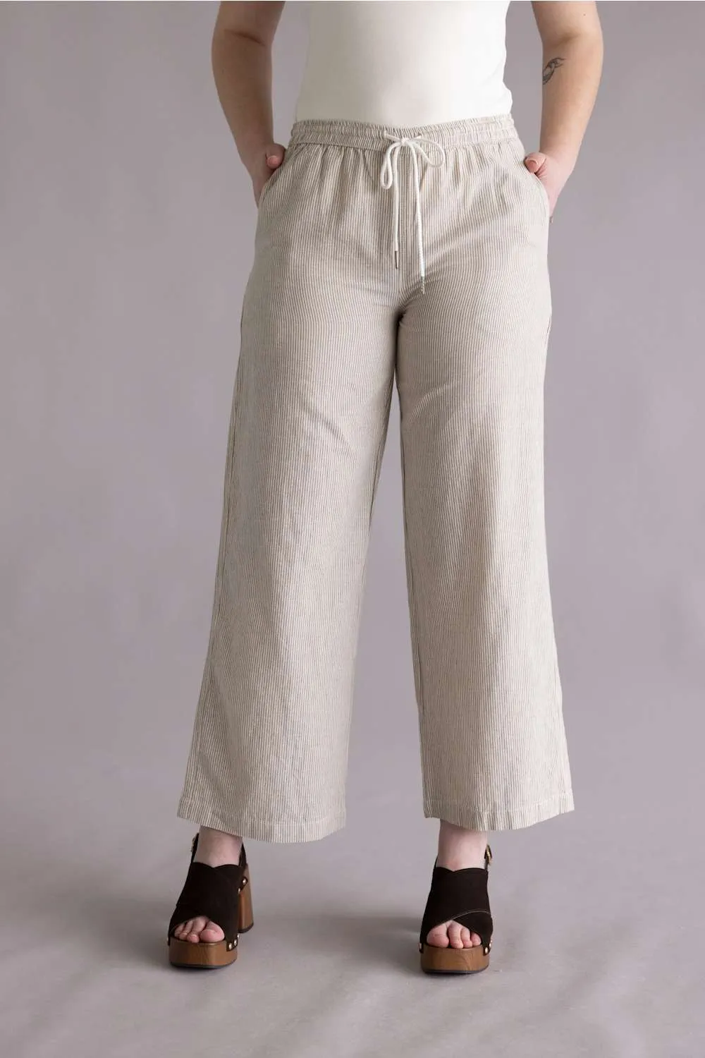 Pinstripe Drawstring Linen Pants for Women in Khaki | 42711-KHAKI sold by Glik’s product image thumbnail 5