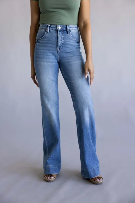 Risen Mid Rise Tummy Control Flare Jeans for Women | PF21652-MD made by Glik’s