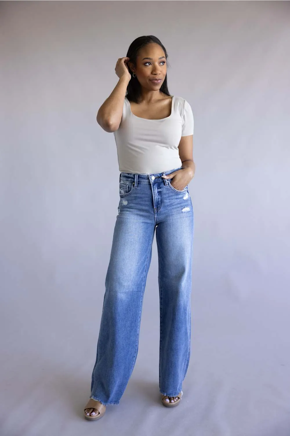 Risen Mid Rise Tummy Control Wide Leg Jeans for Women | RDP5890-MD sold by Glik’s product image thumbnail 5