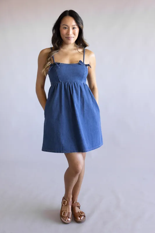 Bow Detail Denim Mini Dress for Women in Navy | PD50503-GL-DENIM made by Papermoon