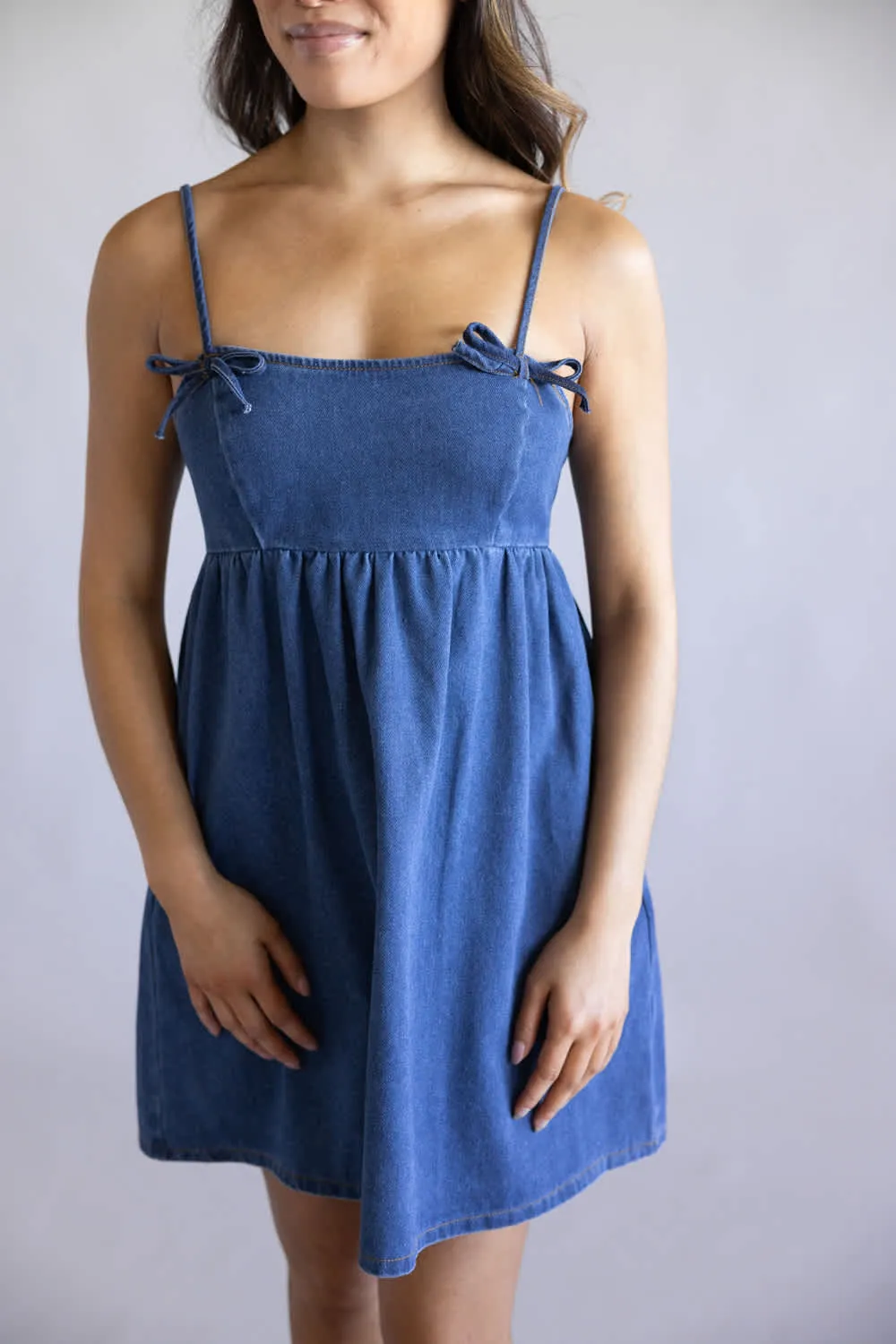 Bow Detail Denim Mini Dress for Women in Navy | PD50503-GL-DENIM sold by Glik’s product image thumbnail 3