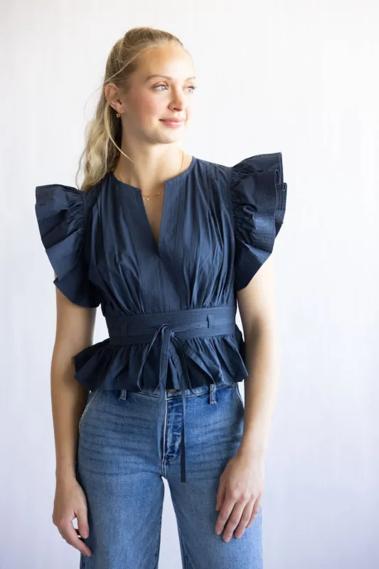 Flutter Sleeve Peplum Top for Women in Navy | T-50116-H-NVY made by Strut & Bolt