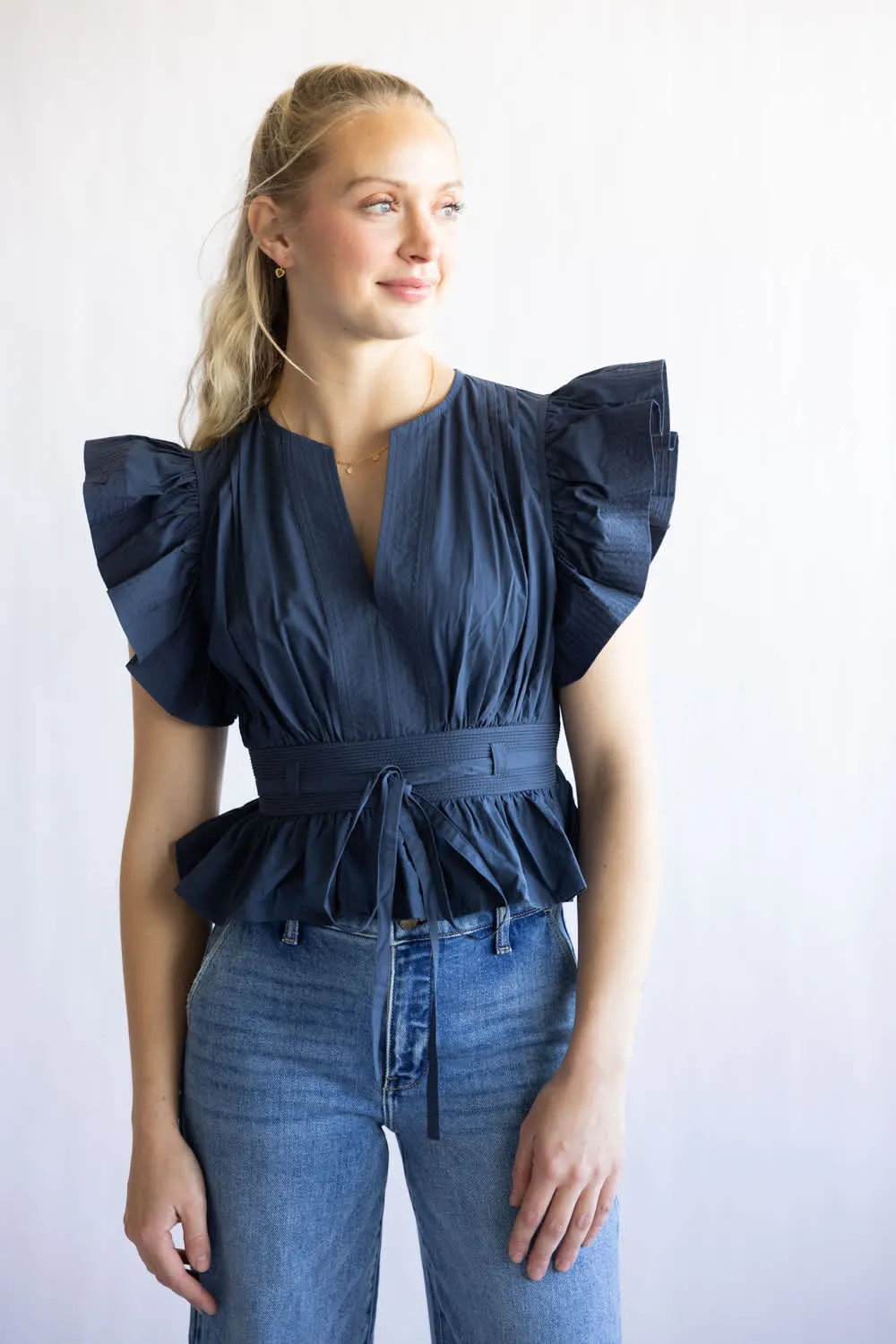 Flutter Sleeve Peplum Top for Women in Navy | T-50116-H-NVY sold by Glik’s