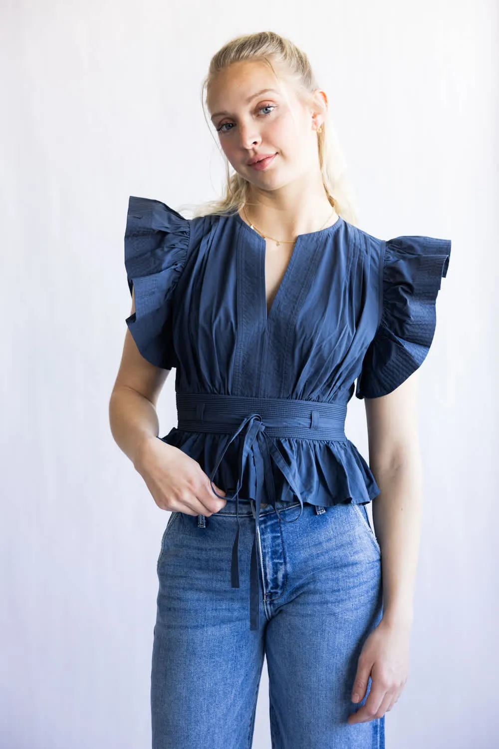 Flutter Sleeve Peplum Top for Women in Navy | T-50116-H-NVY sold by Glik’s product image thumbnail 5