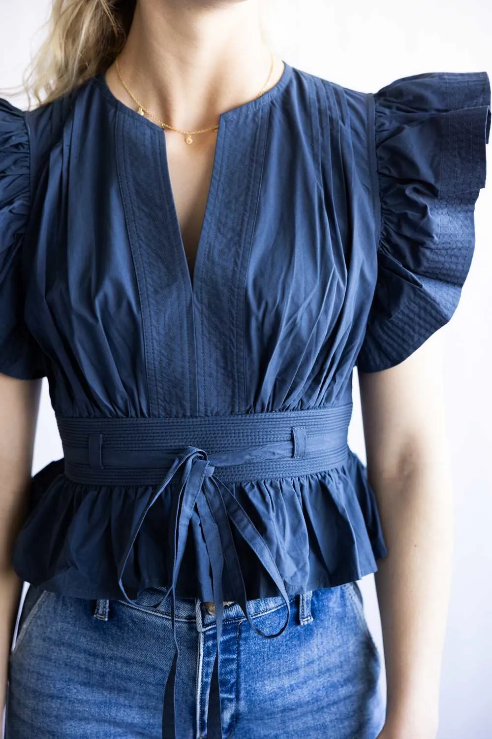 Flutter Sleeve Peplum Top for Women in Navy | T-50116-H-NVY sold by Glik’s product image thumbnail 4