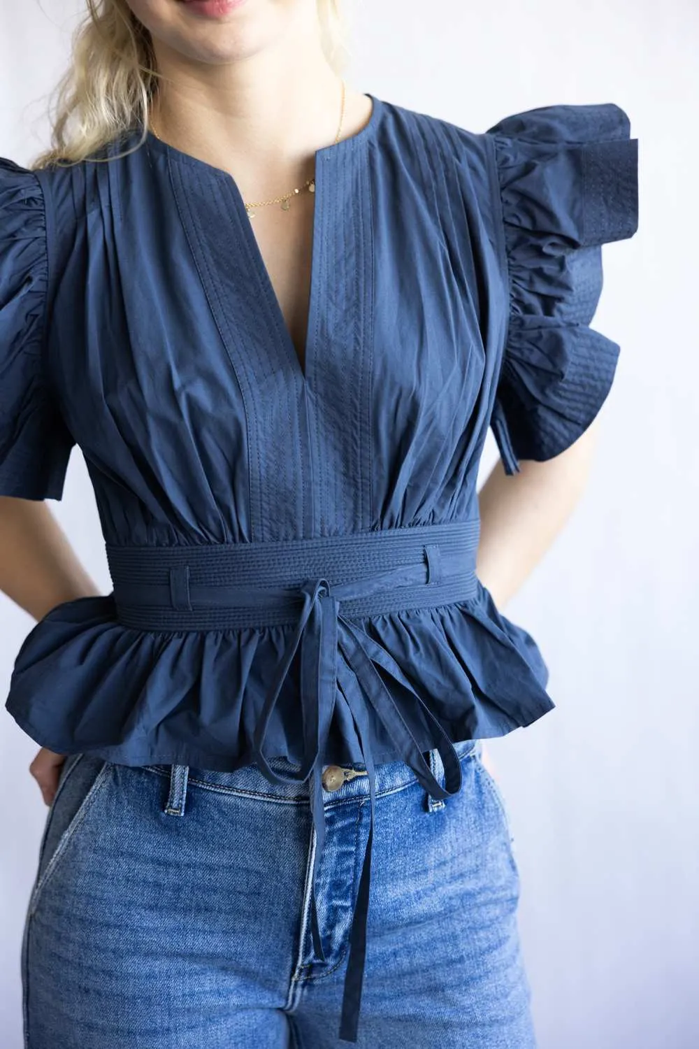 Flutter Sleeve Peplum Top for Women in Navy | T-50116-H-NVY sold by Glik’s product image thumbnail 2