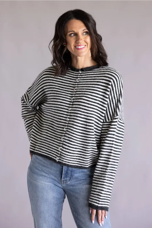 Things Between Striped Piper Cardigan for Women in Charcoal | TBW13418-CHC made by Things Between