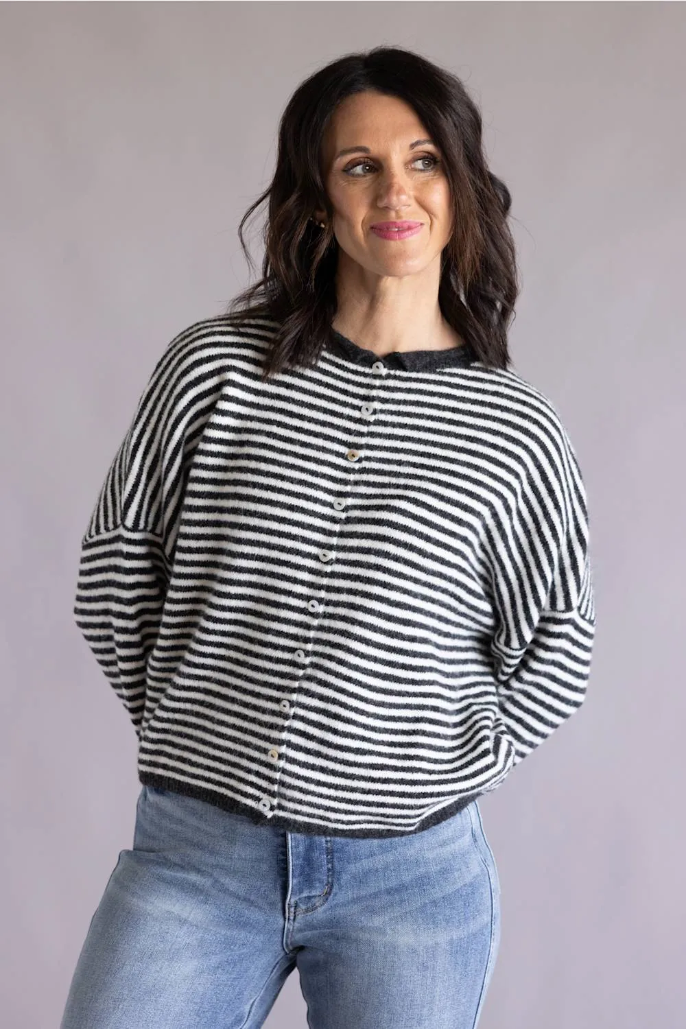 Things Between Striped Piper Cardigan for Women in Charcoal | TBW13418-CHC sold by Glik’s product image thumbnail 4