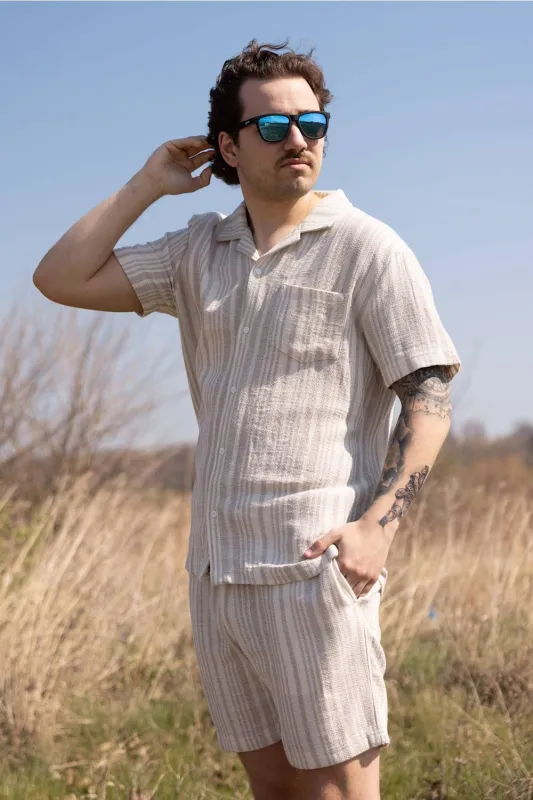 Vintage Summer Basketweave Button Up Shirt for Men in Tan | V84902 TAN STRIPE made by Glik’s