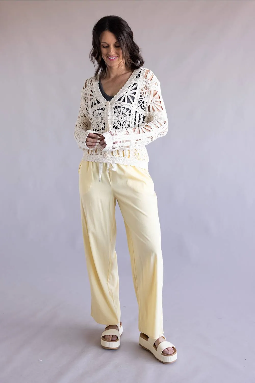 Lace Trim Drawstring Pants for Women in Yellow | NP70979-YELLOW sold by Glik’s product image thumbnail 2
