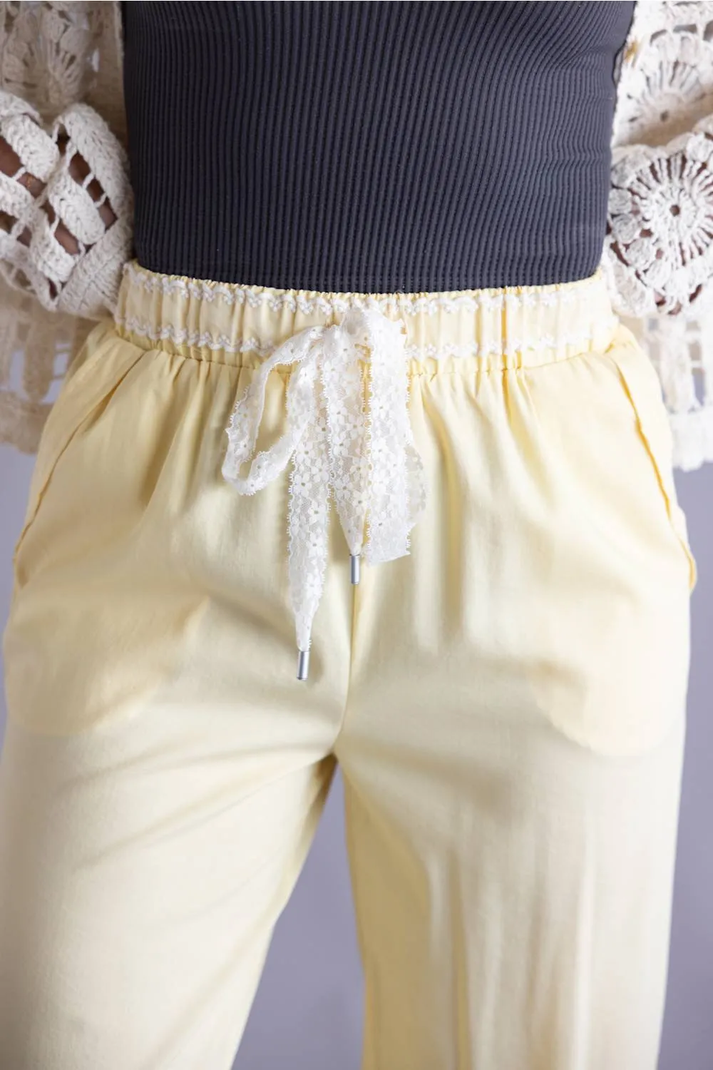 Lace Trim Drawstring Pants for Women in Yellow | NP70979-YELLOW sold by Glik’s product image thumbnail 3