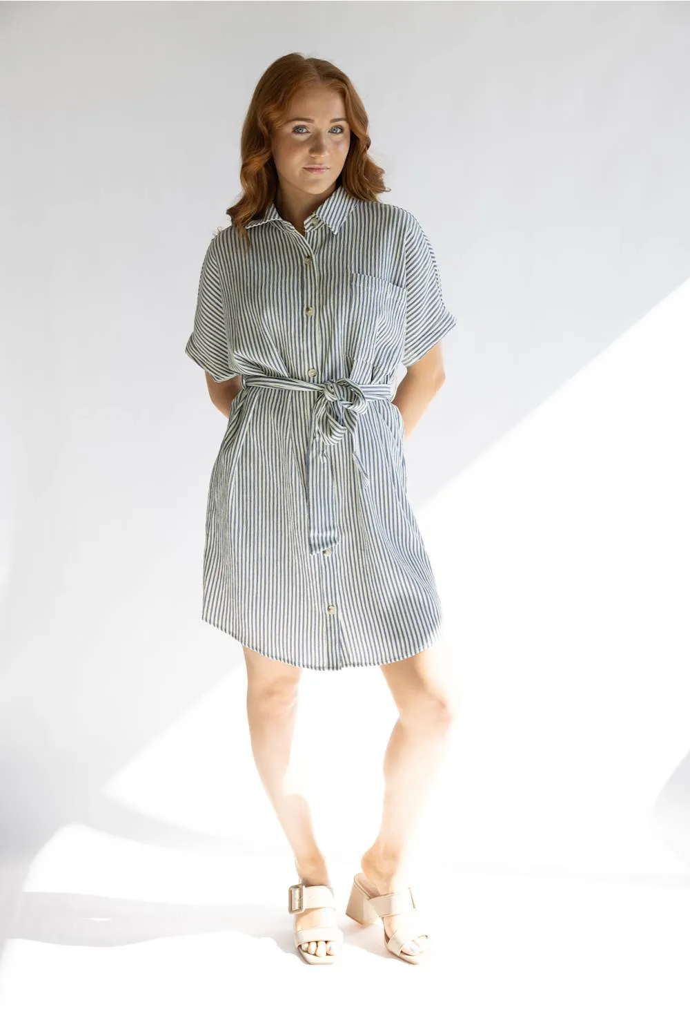 Striped Button Front Tie Waist Midi Dress for Women in Navy/Cream | MD6995G-GLKS-NAVYCREAMSTRIPE sold by Glik’s
