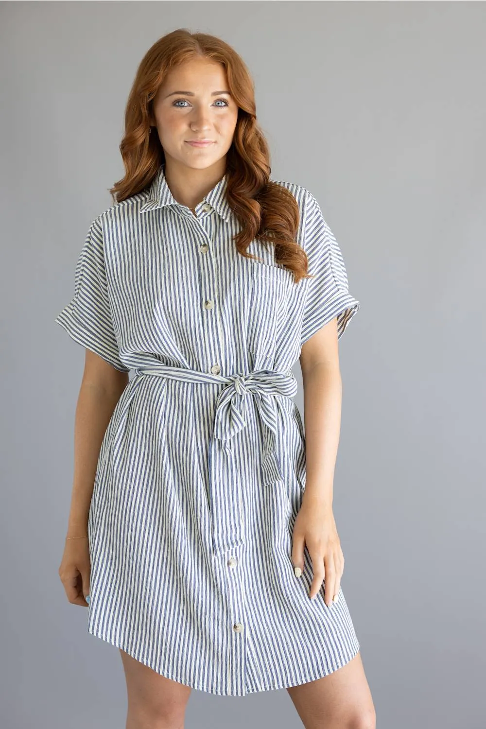 Striped Button Front Tie Waist Midi Dress for Women in Navy/Cream | MD6995G-GLKS-NAVYCREAMSTRIPE sold by Glik’s product image thumbnail 2