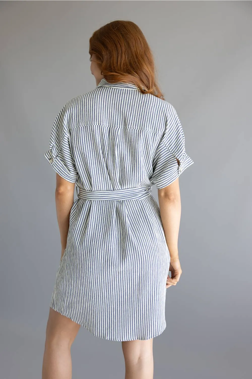 Striped Button Front Tie Waist Midi Dress for Women in Navy/Cream | MD6995G-GLKS-NAVYCREAMSTRIPE sold by Glik’s product image thumbnail 3