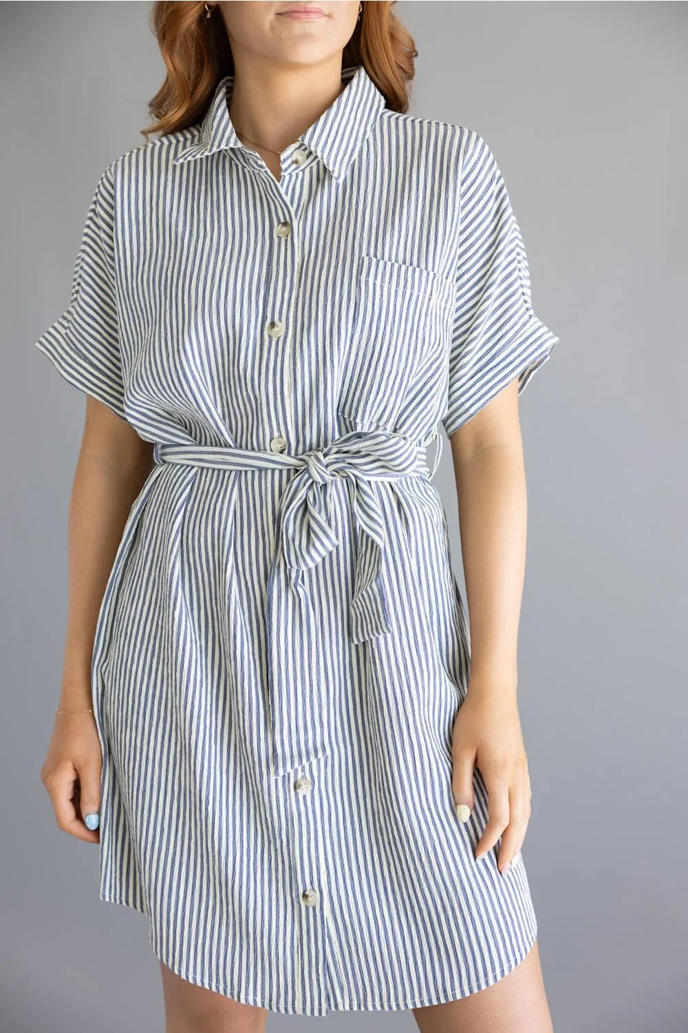Striped Button Front Tie Waist Midi Dress for Women in Navy/Cream | MD6995G-GLKS-NAVYCREAMSTRIPE sold by Glik’s product image thumbnail 4