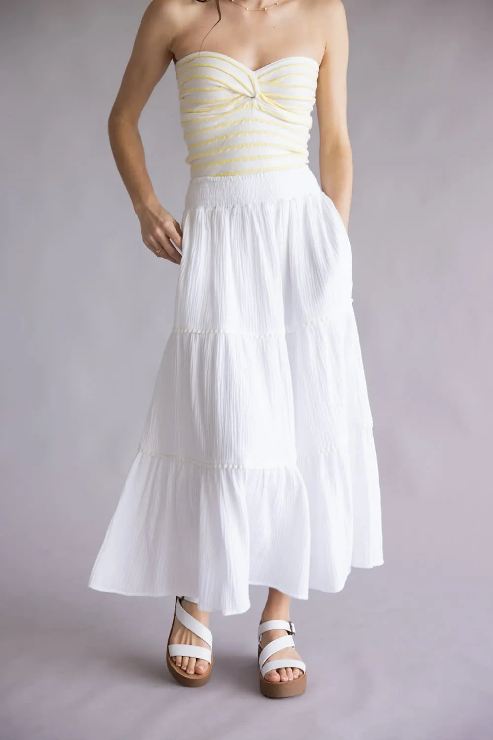 Smocked Waist Tiered Midi Skirt for Women in Off White | VS6222-OFFWHITE sold by Glik’s product image thumbnail 4