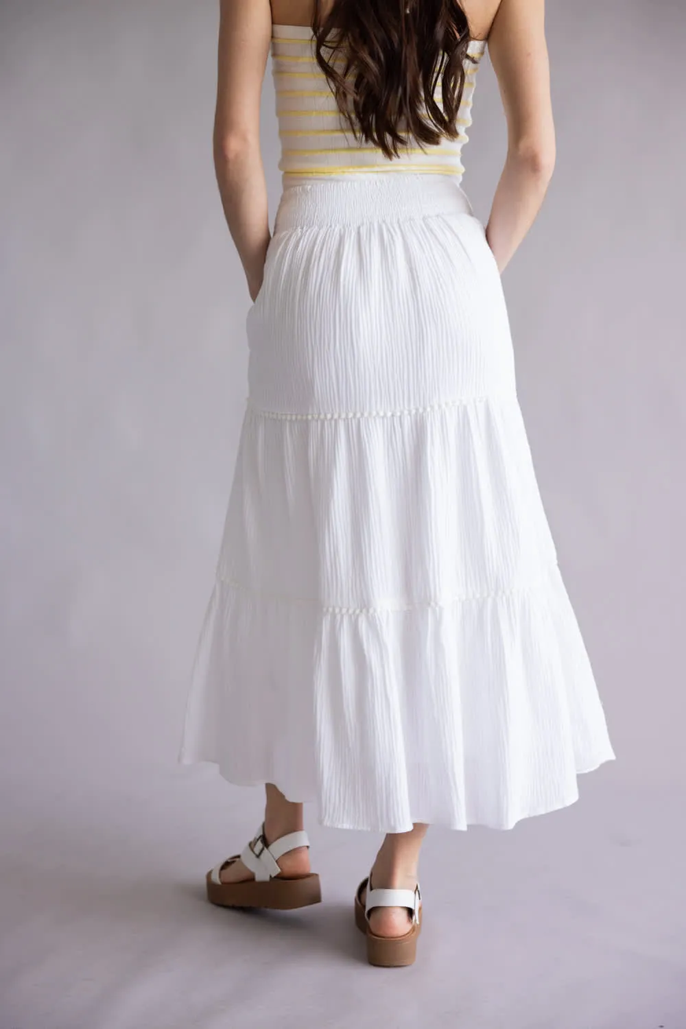 Smocked Waist Tiered Midi Skirt for Women in Off White | VS6222-OFFWHITE sold by Glik’s product image thumbnail 5