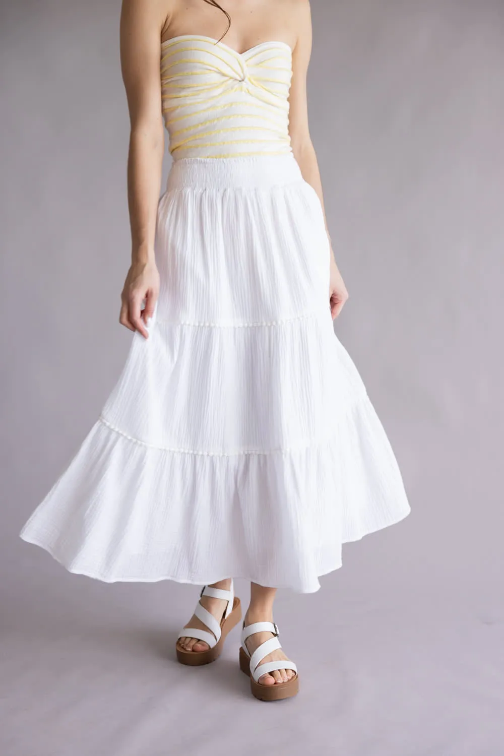 Smocked Waist Tiered Midi Skirt for Women in Off White | VS6222-OFFWHITE sold by Glik’s product image thumbnail 3