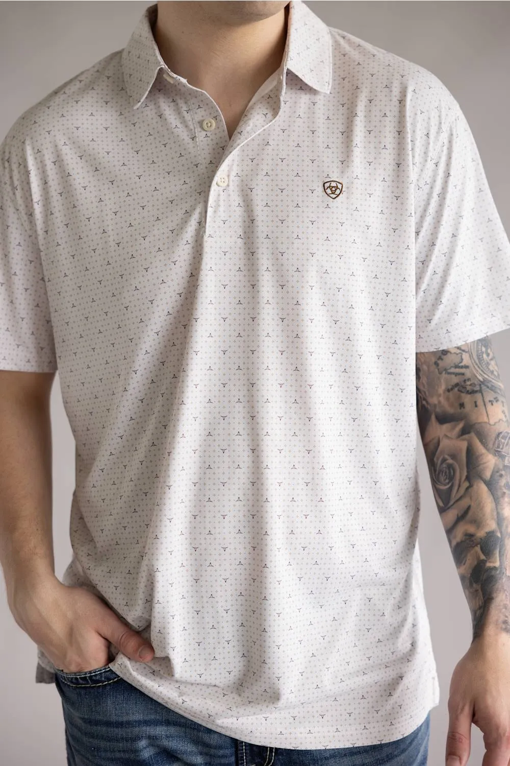 Ariat Tek Printed Polo Shirt for Men in White | 10071496-MOONBEAM STEER PRINT sold by Glik’s product image thumbnail 2