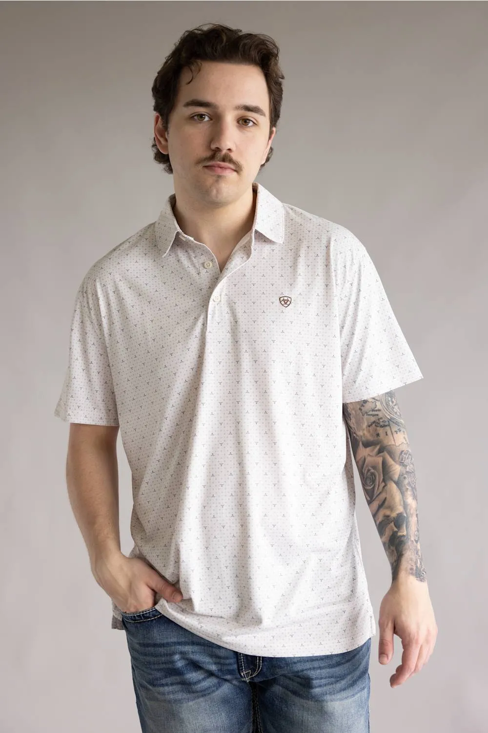 Ariat Tek Printed Polo Shirt for Men in White | 10071496-MOONBEAM STEER PRINT sold by Glik’s