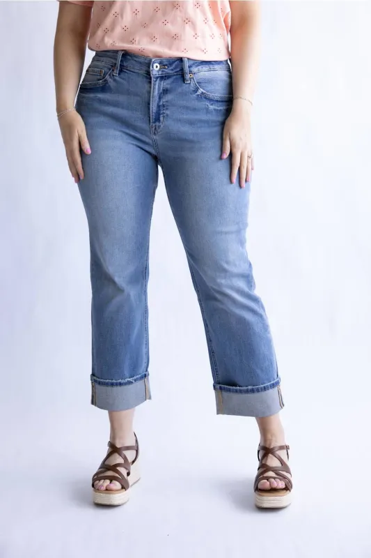 Mica Mid Rise Crop Straight Leg Cuffed Jeans for Women | MDP-T3865 made by Mica Denim