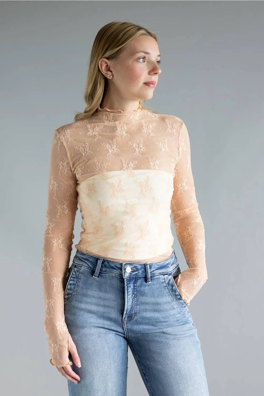 Mock Neck Lace Layering Top for Women in Blush Pink | 35740-BLUSHPINK sold by Glik’s product image thumbnail 3