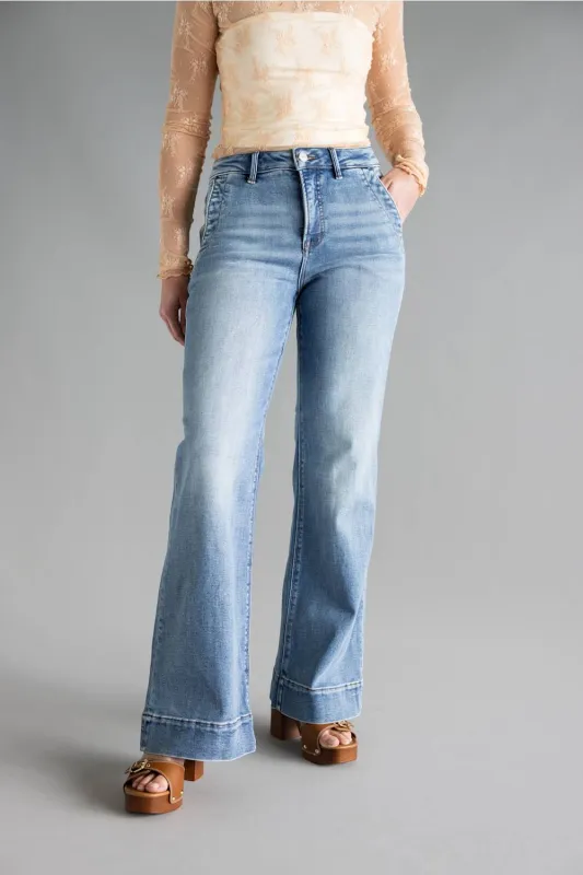Risen High Rise Tummy Control Wide Leg Jeans for Women | PW21525-MD made by Risen