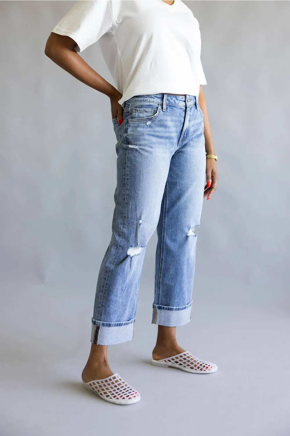 Vervet Enchantment Mid Rise Distressed Cuffed Straight Leg Jeans for Women | T7465 sold by Glik’s product image thumbnail 2