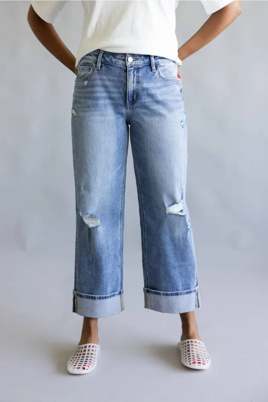Vervet Mid Rise Cropped Straight Leg Cuff Jeans for Women | T7465 made by Vervet