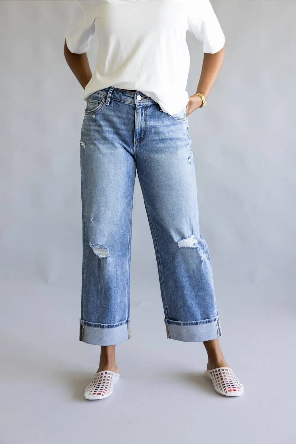 Vervet Enchantment Mid Rise Distressed Cuffed Straight Leg Jeans for Women | T7465 sold by Glik’s product image thumbnail 4