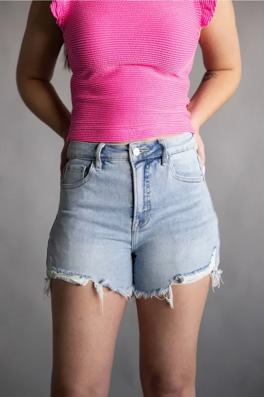Risen High Rise Fray Hem Denim Shorts for Women | RDS6160-LT made by Risen