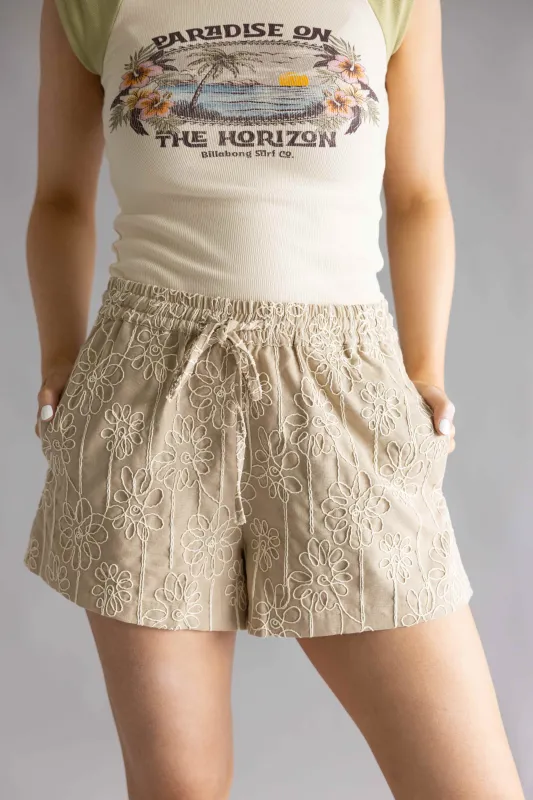 Wishlist Embroidered Floral Drawstring Shorts for Women in Mocha | WL24-9755-MOCHA made by Wishlist