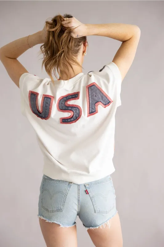 Flag USA Short Sleeve Sweatshirt for Women in White | C15581-WHT made by mittoshop