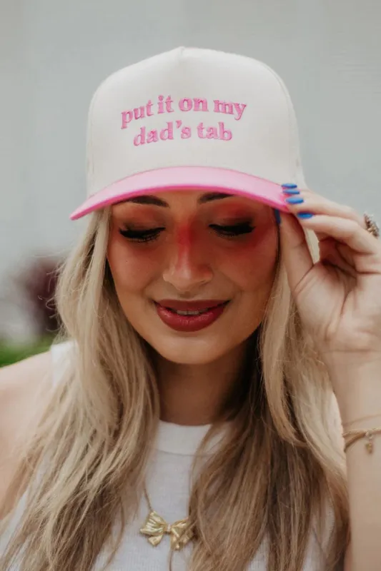 Put It On My Dad’s Tab Trucker Hat for Women in Pink/Tan | KDC-BC-1154-PNK-TAN made by Katydid