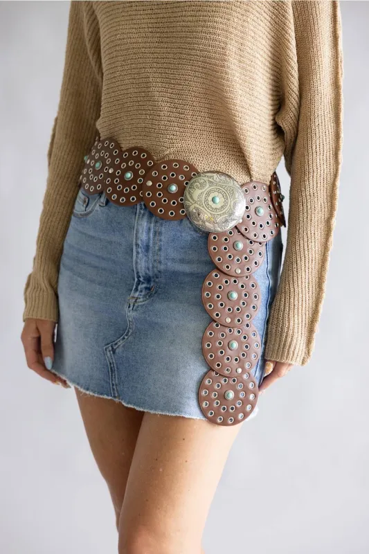 Western Concho Belt for Women in Brown | 211161-BROWNSILVER made by Glik’s