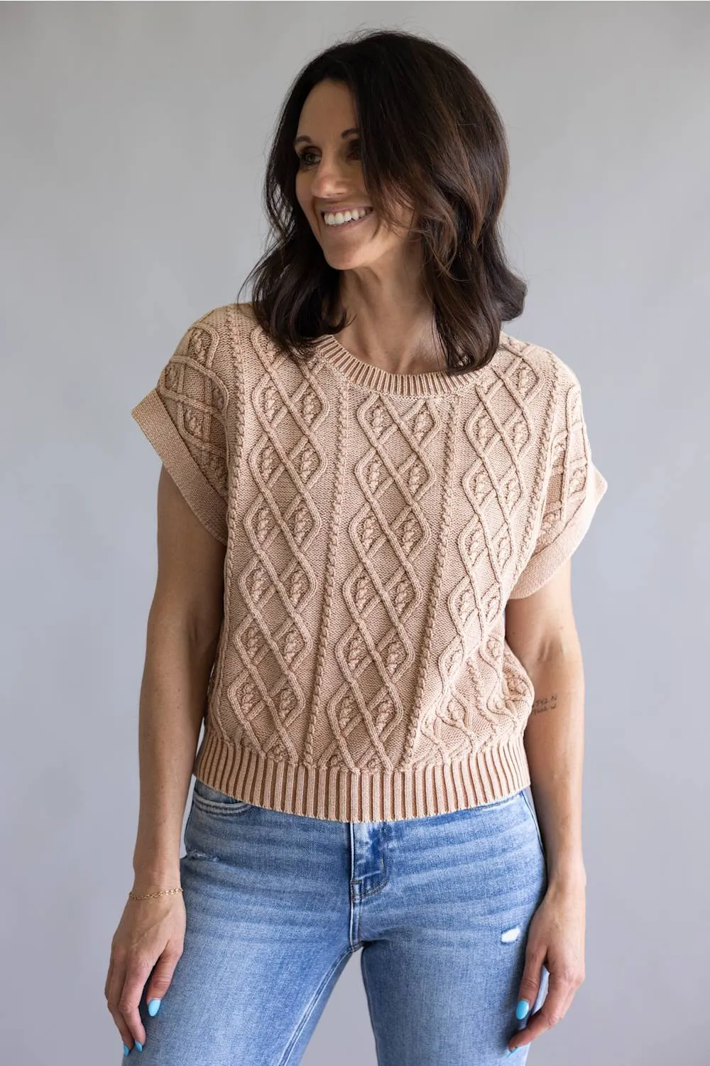 Mittoshop Cable Cap Sleeve Sweater for Women in Mocha sold by Glik’s product image thumbnail 4