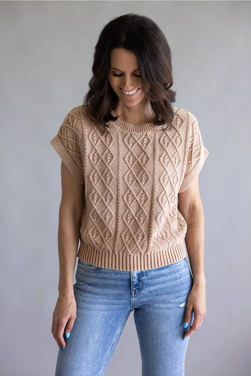 Mittoshop Cable Cap Sleeve Sweater for Women in Mocha sold by Glik’s