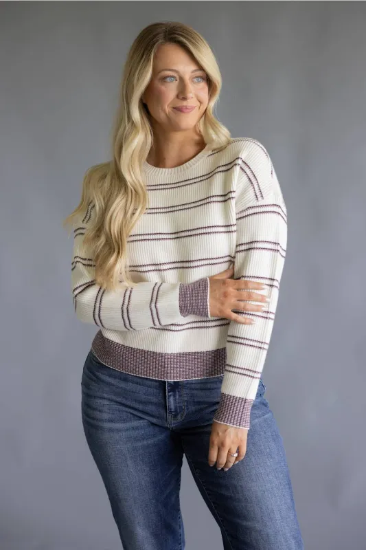 Thread & Supply Ely Knit Sweater for Women in Cream/Burgundy Stripe | T2798SWTS-CREAMBURGANDYSTRIPE made by Thread & Supply
