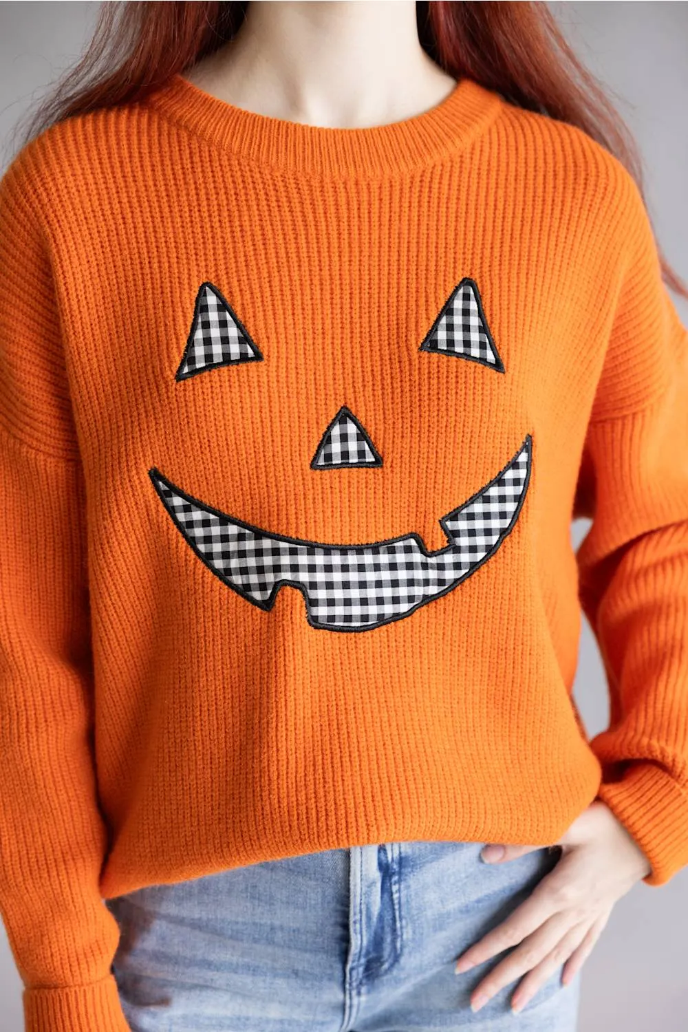 Main Strip Pumpkin Face Sweater for Women in Orange | CL21010-BURNTORANGE sold by Glik’s product image thumbnail 2