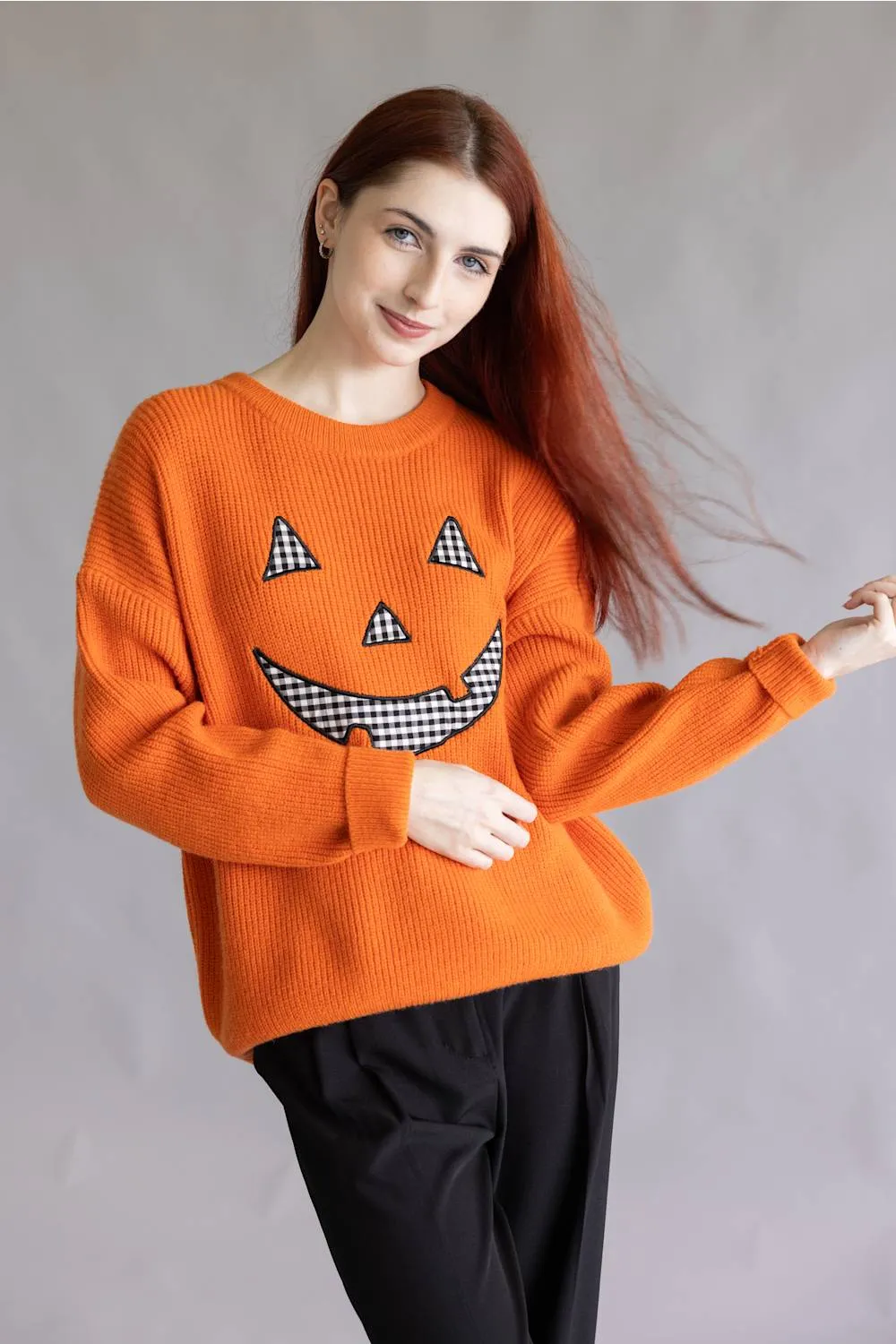Main Strip Pumpkin Face Sweater for Women in Orange | CL21010-BURNTORANGE sold by Glik’s product image thumbnail 3