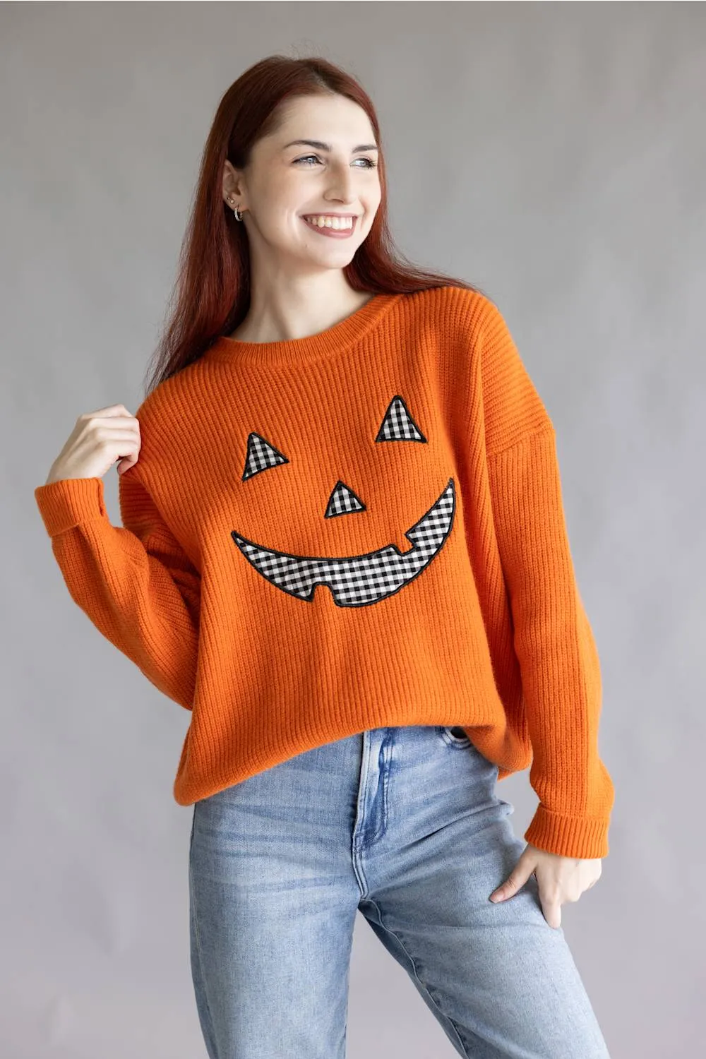 Main Strip Pumpkin Face Sweater for Women in Orange | CL21010-BURNTORANGE sold by Glik’s product image thumbnail 5